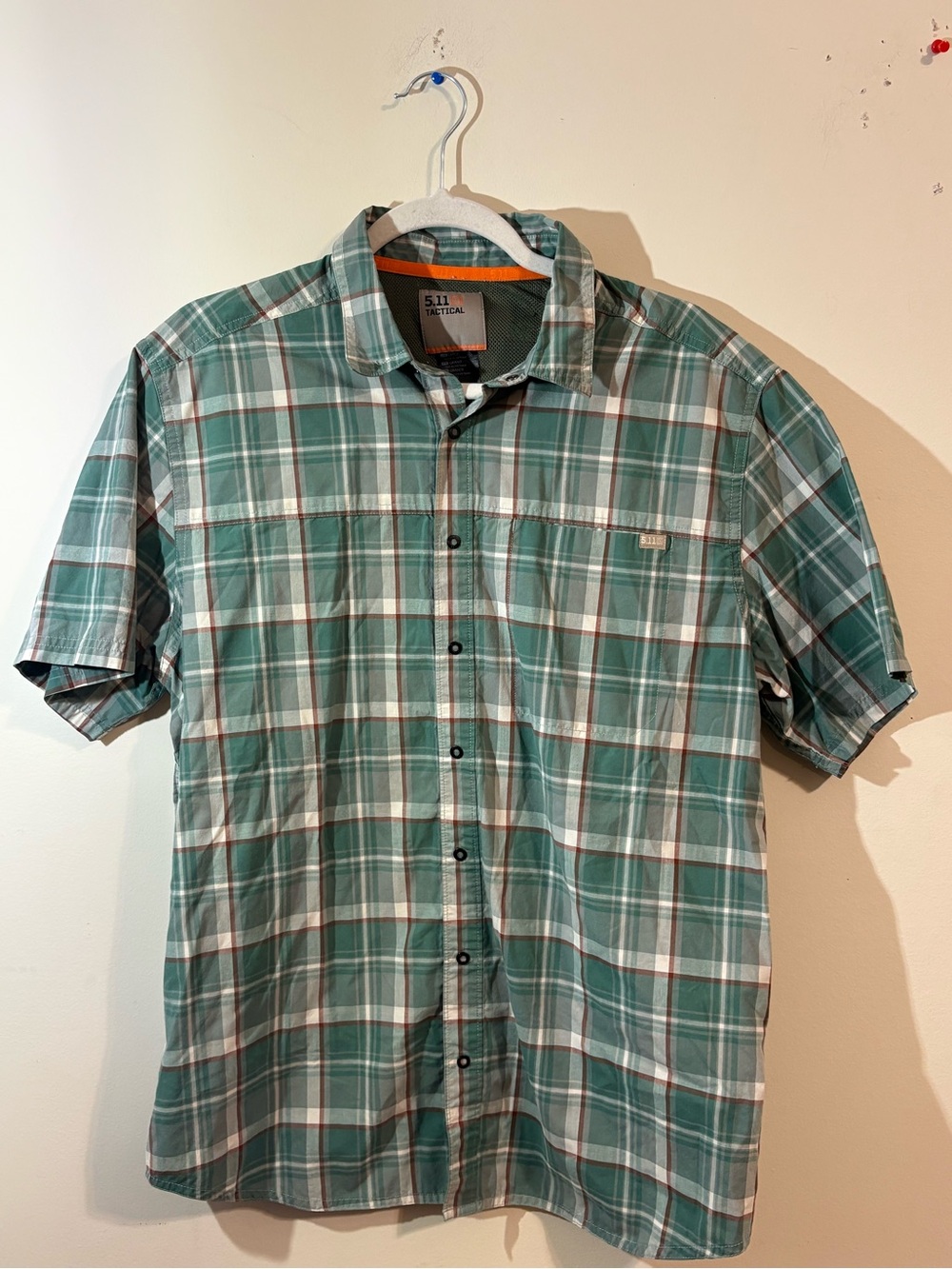 5.11 Tactical Green White Plaid‎ Short Sleeve Button-Down snap shirt men’s large